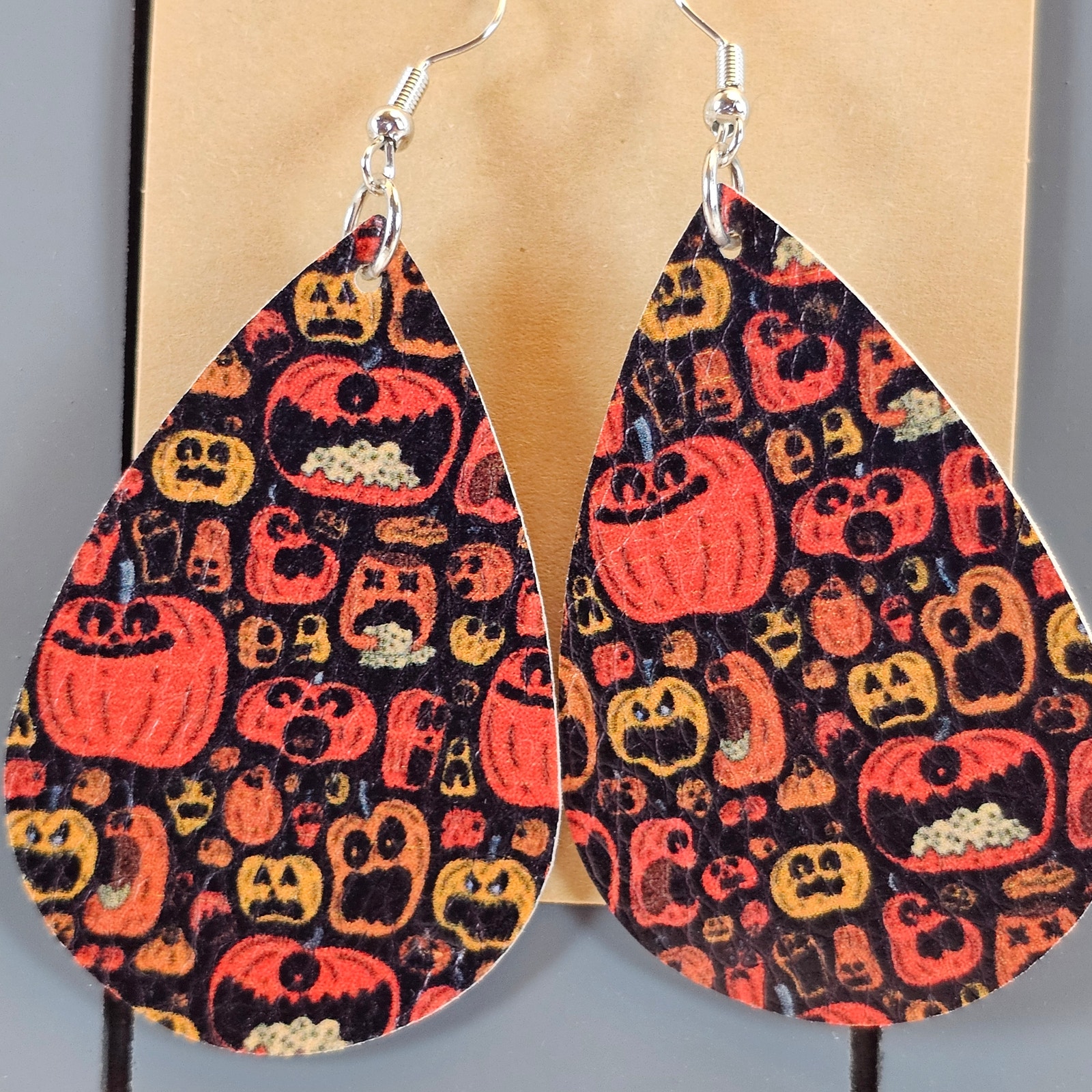 Halloween Pumpkin Teardrop Earrings Faux Leather Jack O Lantern Dangle Earrings